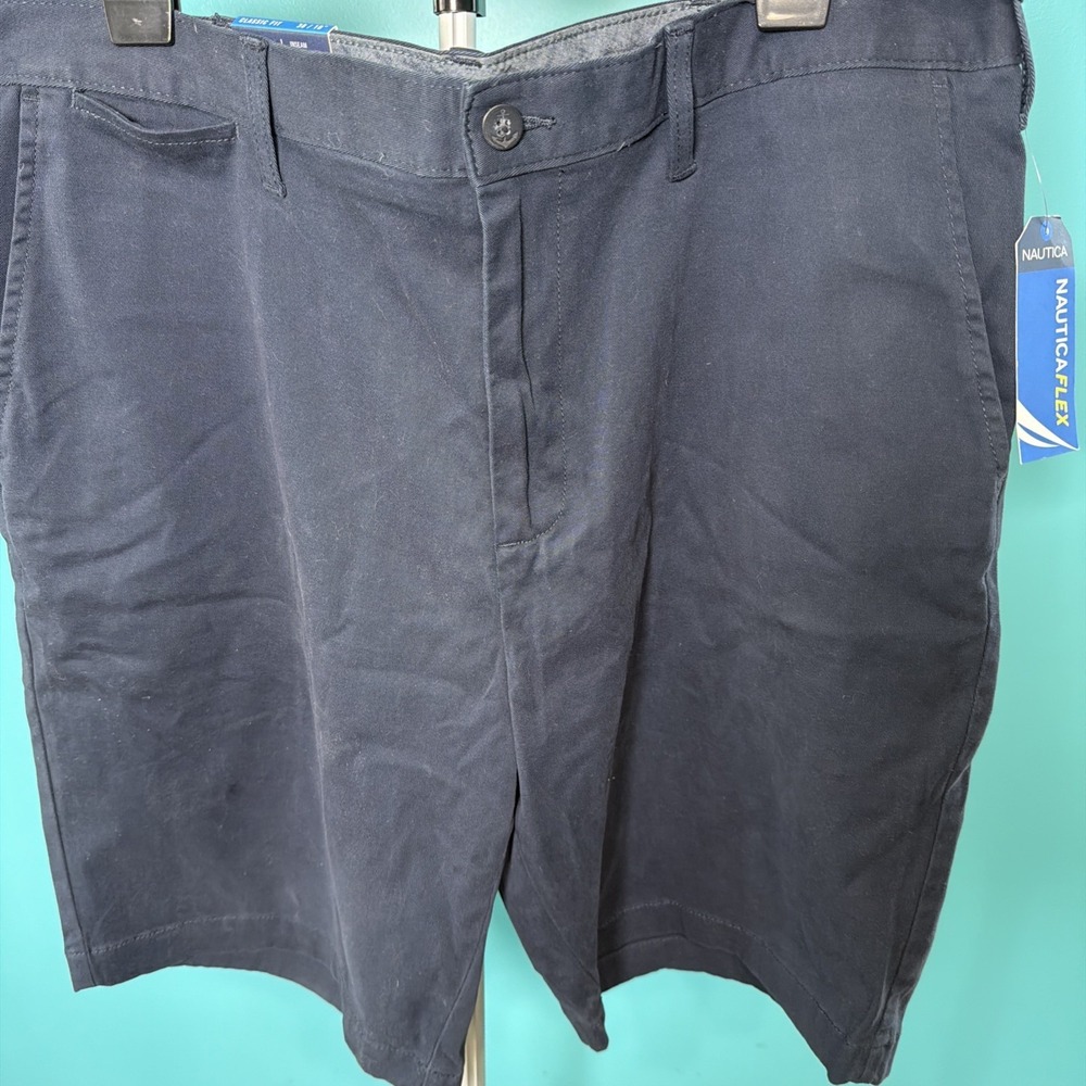 Nautica Flex True Khaki Flat Front Shorts Mens 38 Waist Navy Blue Cotton New 10"